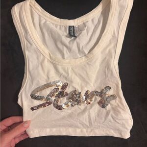 H&M White Sequin Script Tank Top
